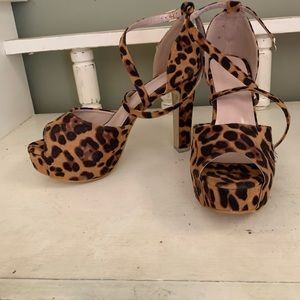 Leopard print peep toe ankle strap chunky heeled pumps